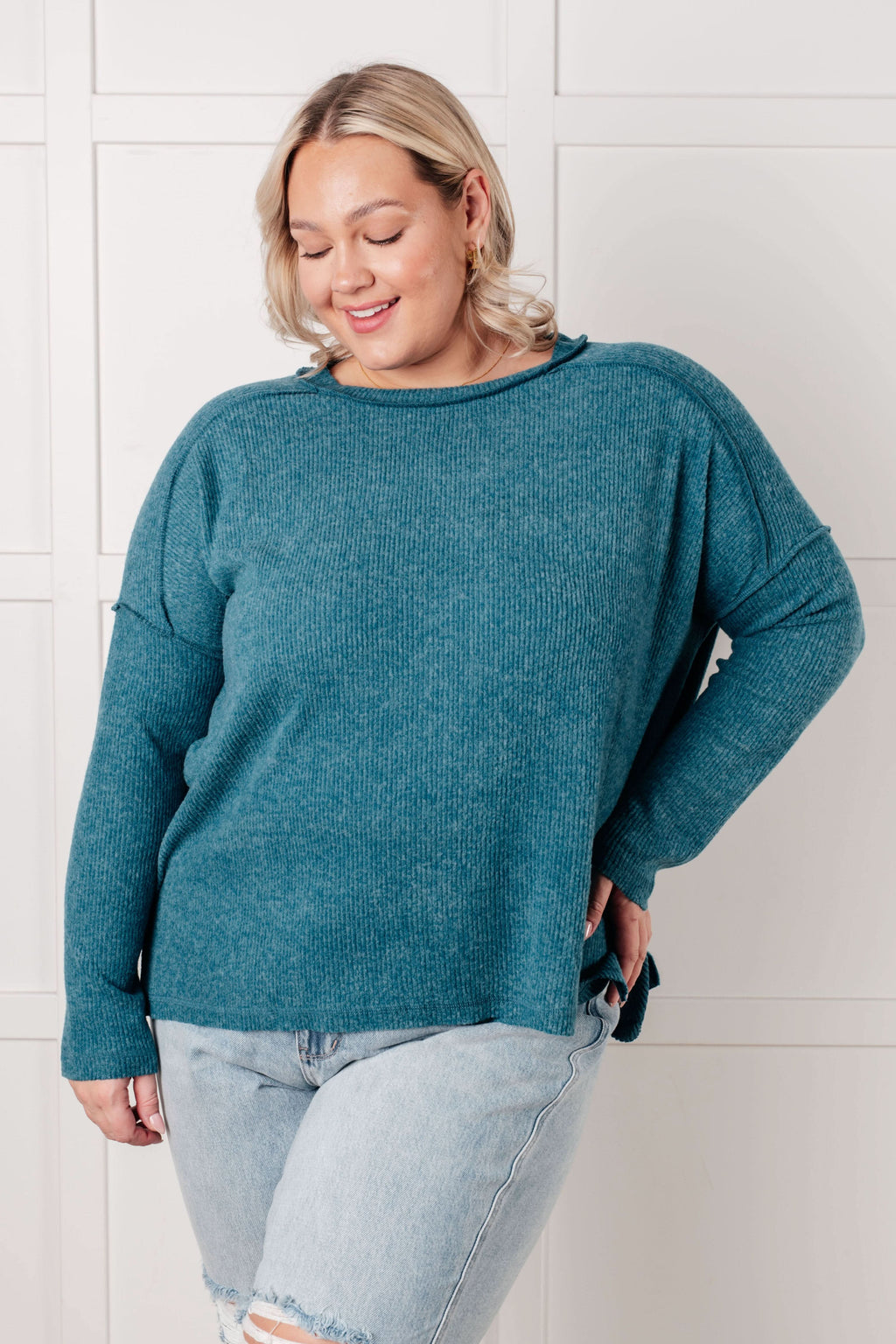 Simply Basic Ribbed Hacci Sweater in Teal in - Tops photo