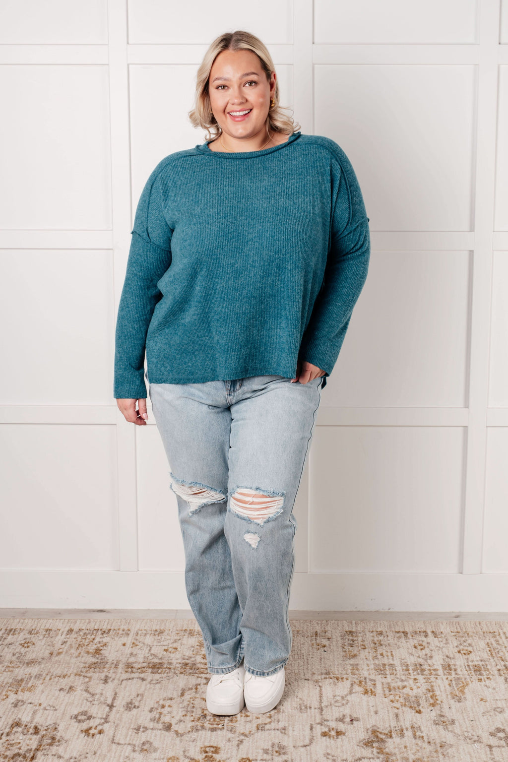 Simply Basic Ribbed Hacci Sweater in Teal in - Tops photo