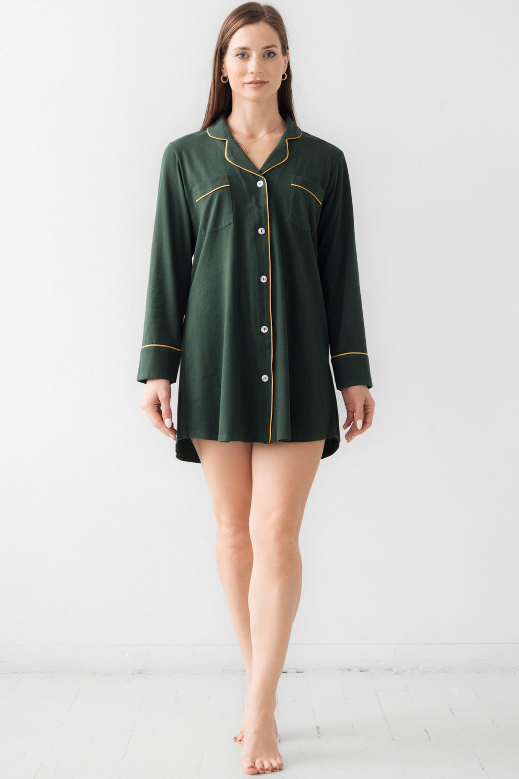 Classic Luxury Sleep Shirt in Brushed Pima Cotton in Forest Gold - NIGHTSHIRTS photo