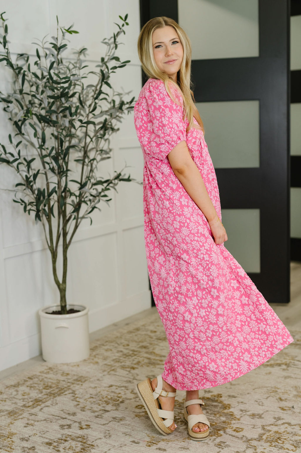 Softly Spoken Textured V-Neck Dress in Hot Pink in - Womens photo
