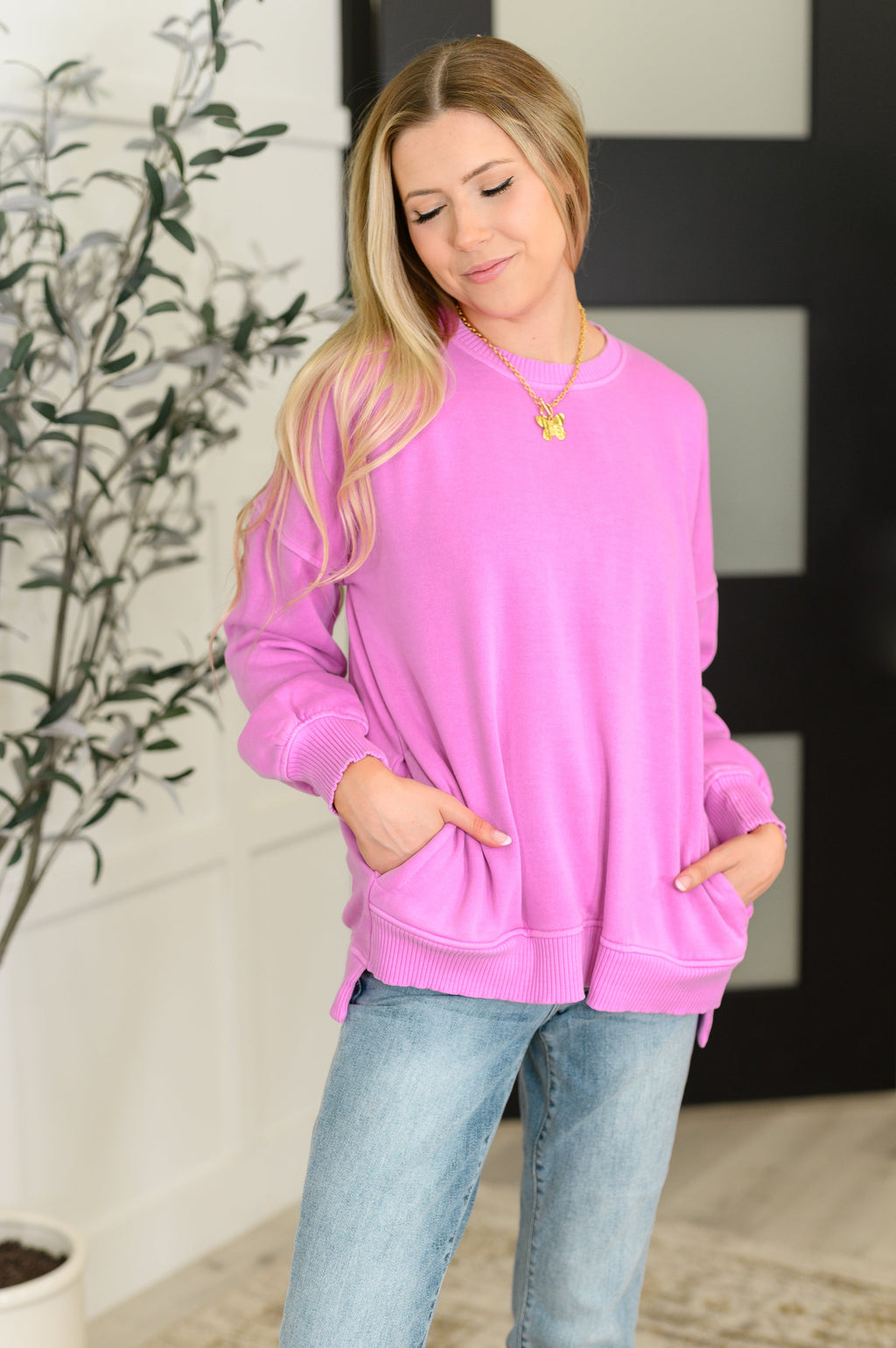 Talk Cozy to Me Stepped Hem Pullover in Bright Mauve in - Womens photo
