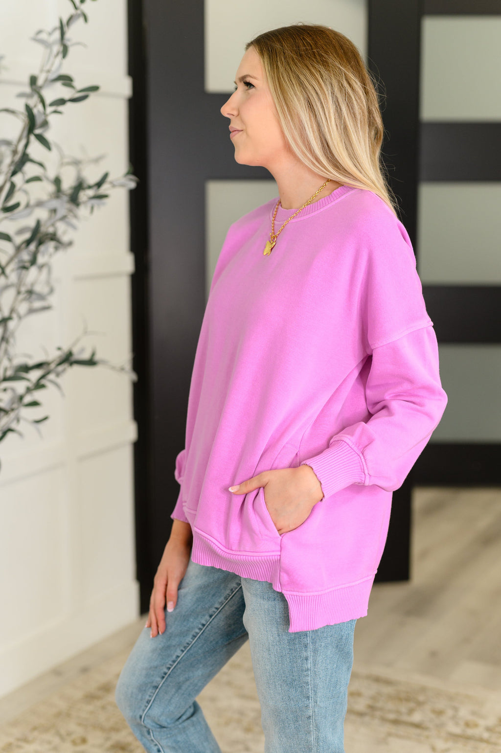 Talk Cozy to Me Stepped Hem Pullover in Bright Mauve in - Womens photo