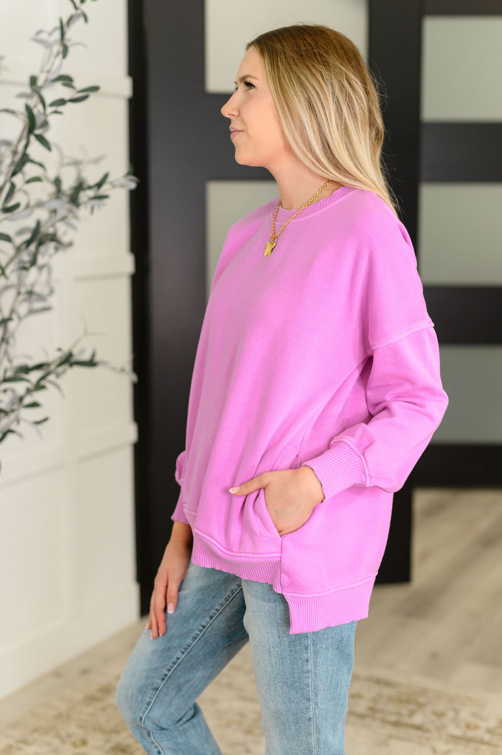 Talk Cozy to Me Stepped Hem Pullover in Bright Mauve in - Womens photo