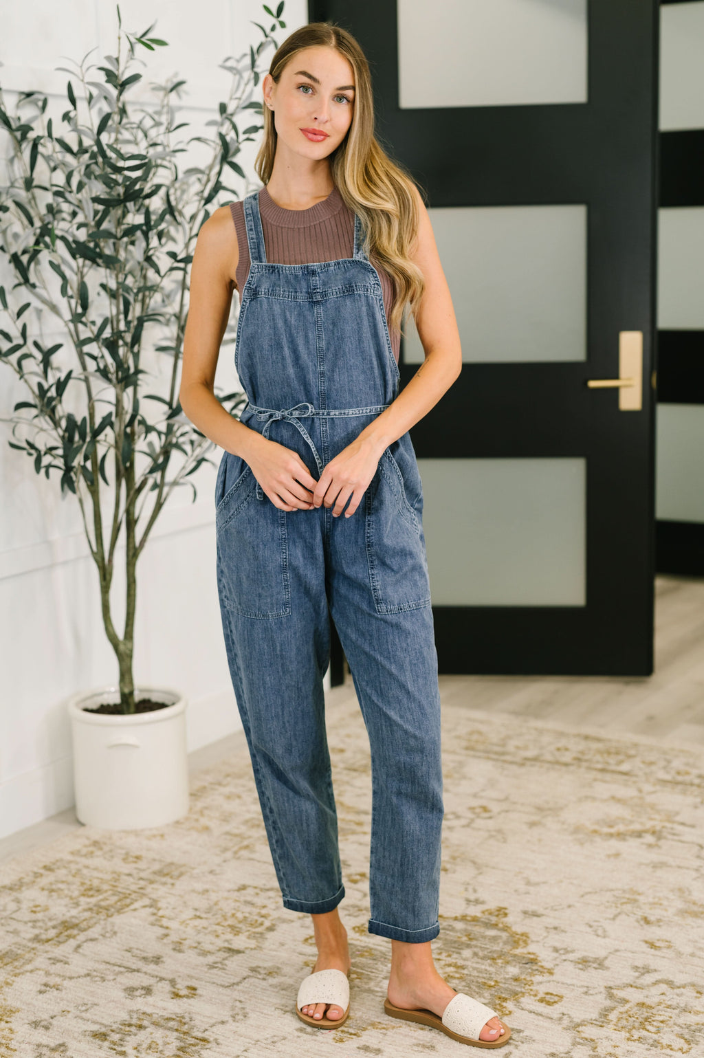 Too Cute to Compute Waist Tie Overalls in Dark Blue in - Womens photo