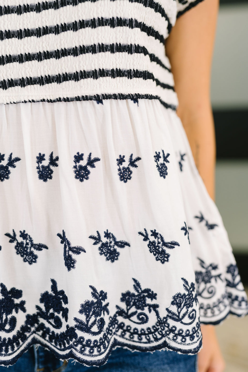 Too Sweet to Share Scalloped Hem Blouse in Ivory and Navy in - Womens photo
