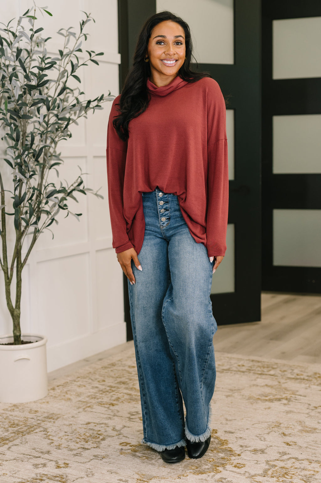 Travel Destination Cowl Neck Pullover in Wine -