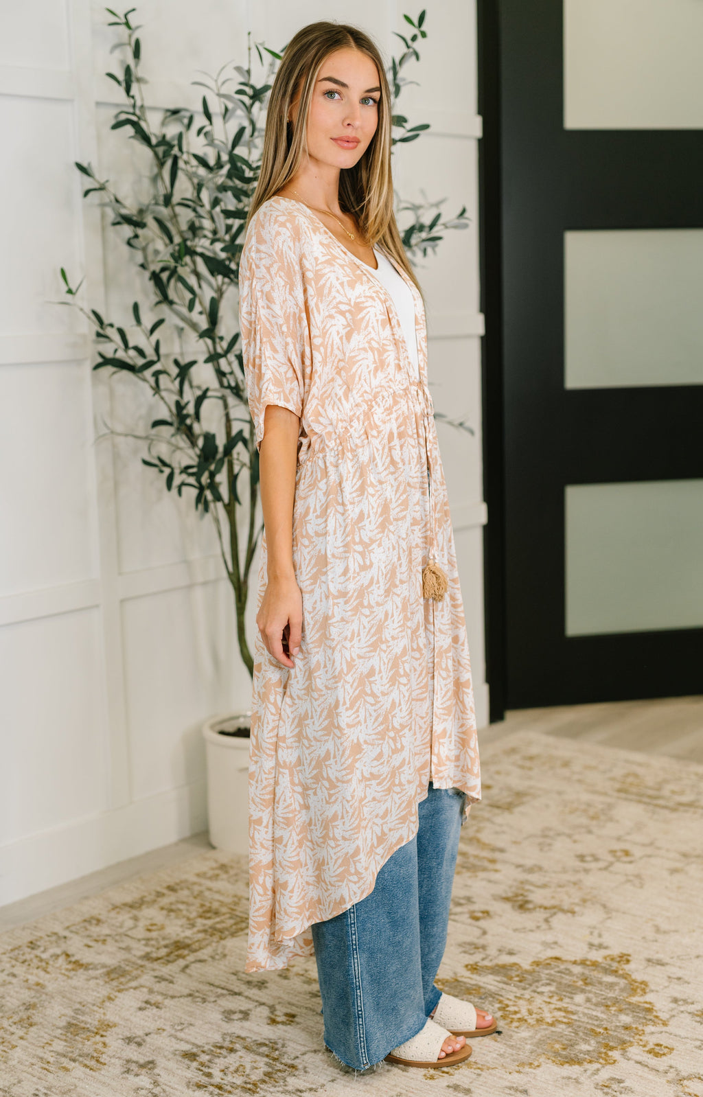 Tropical Print Gauze Kimono with Elastic Waist Tie in Milk Tea in - Womens photo