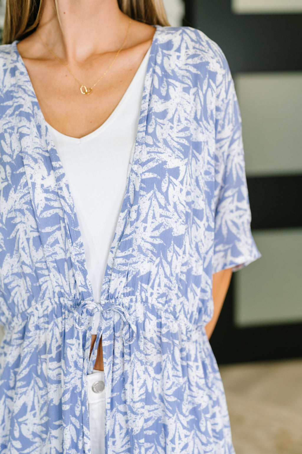 Tropical Print Gauze Kimono with Elastic Waist Tie in Periwinkle in - Womens photo