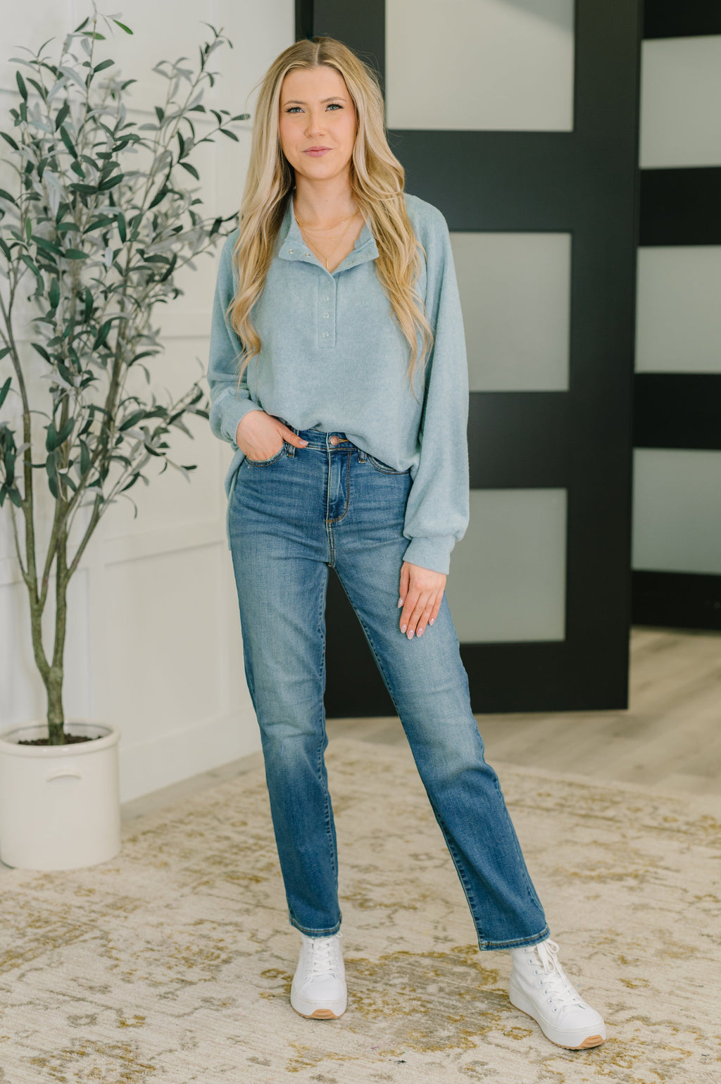 Urban Flux Scooped Hi-Low Long Pullover in Blue Grey in - Womens photo