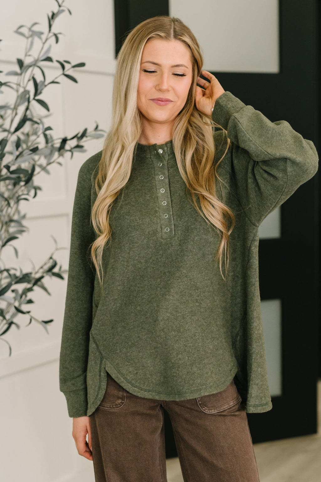 Urban Flux Scooped Hi-Low Long Pullover in Olive in - Womens photo
