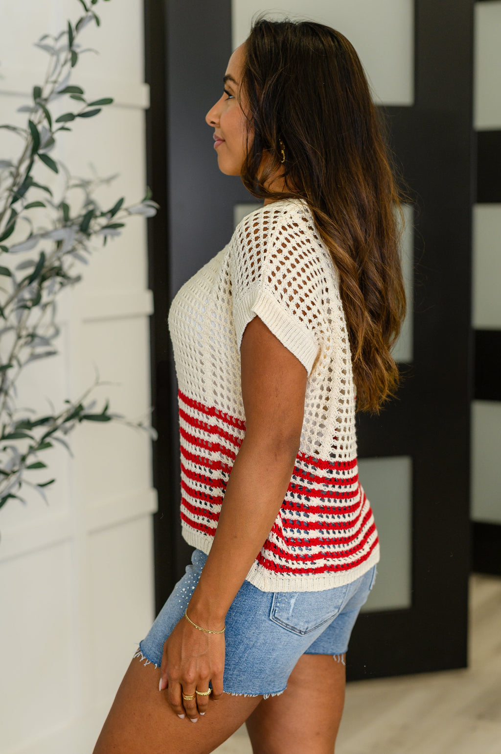 Vibes Don't Lie Net Tee Red Striped in - Womens photo