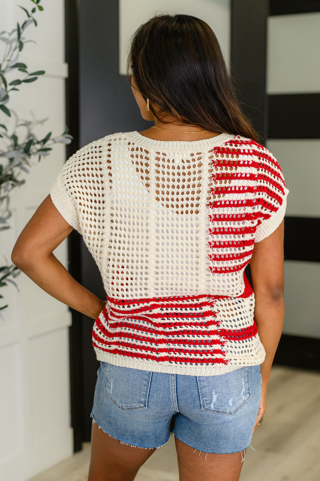 Vibes Don't Lie Net Tee Red Striped in - Womens photo