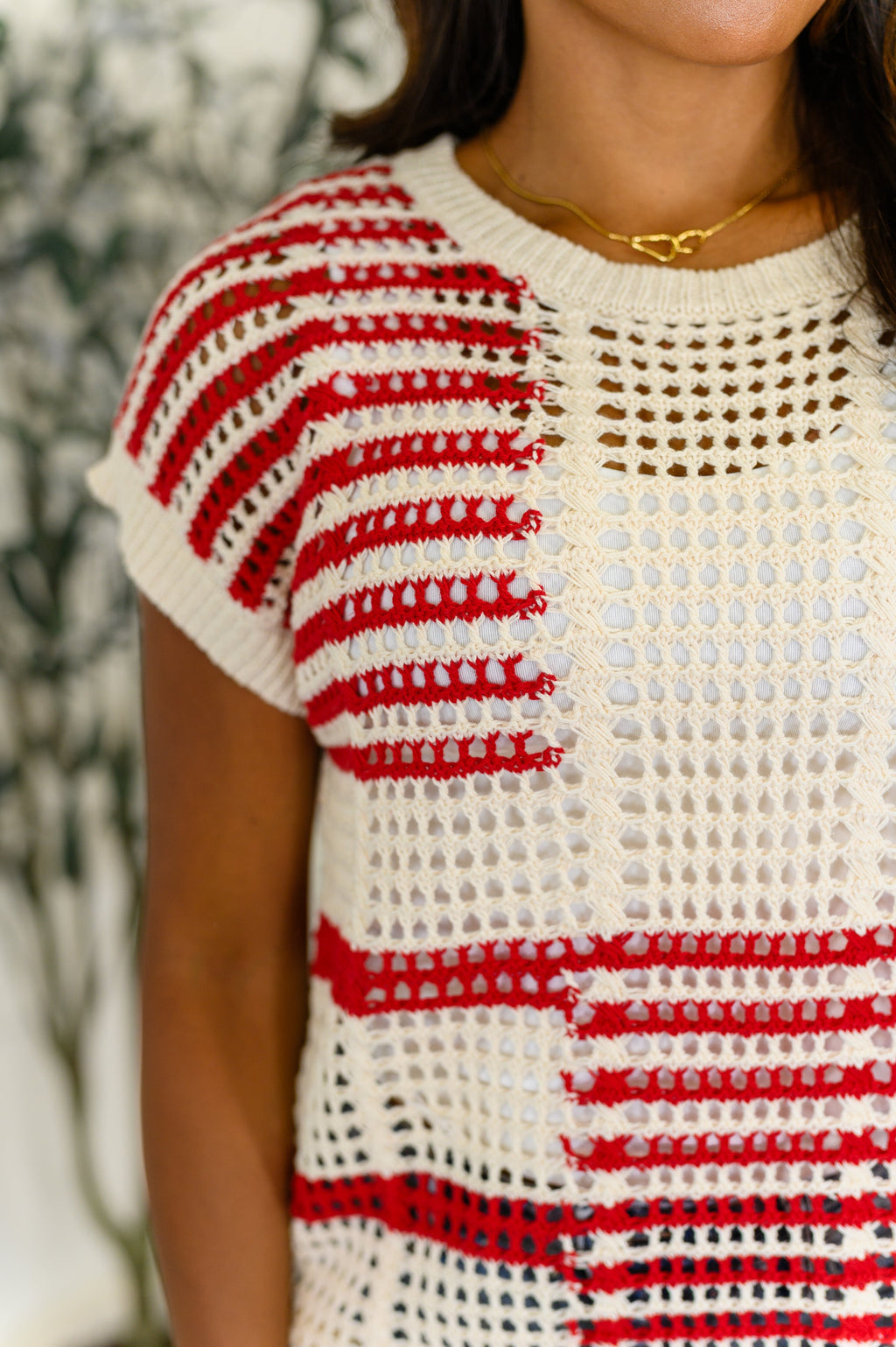 Vibes Don't Lie Net Tee Red Striped in - Womens photo