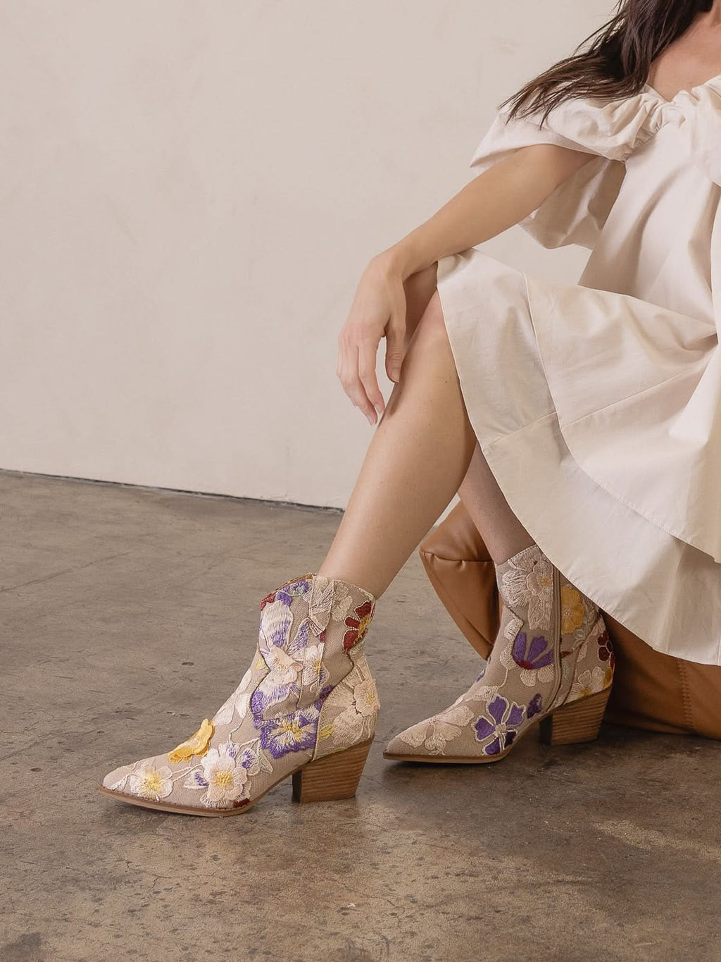 The Wanda | Taupe Floral Appliqué Cowgirl Boot in - BOOTS & BOOTIES photo