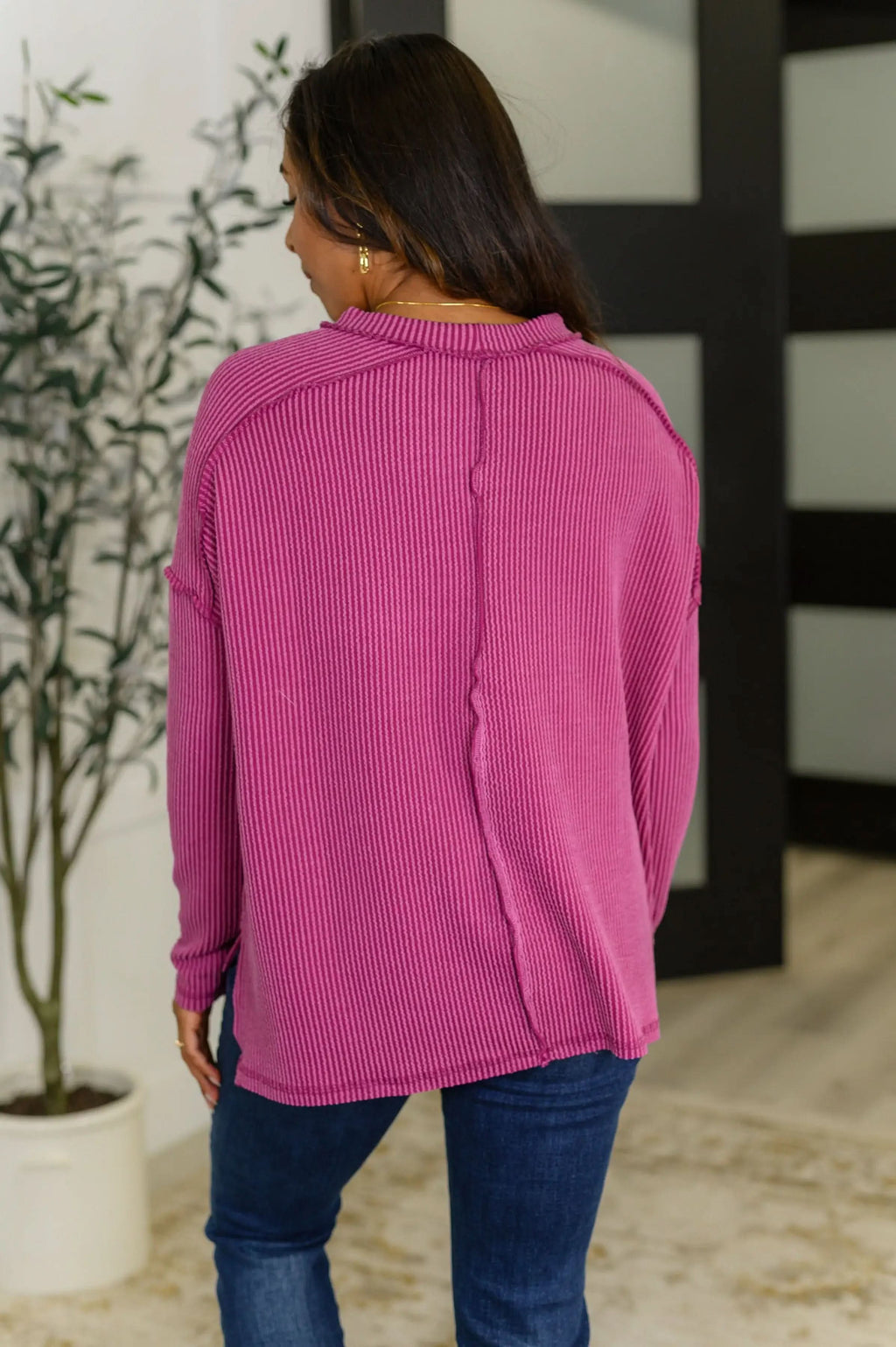 Wander & Rest Cable Ribbed Knit Drop Shoulder Top in Plum in - Womens photo
