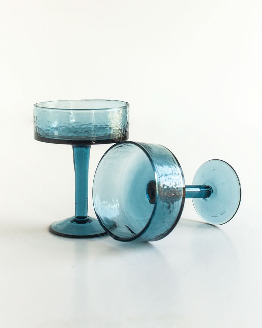 Handblown Hammered Coupe Cocktail Glass Pair in Blue - Kitchen & Dining photo