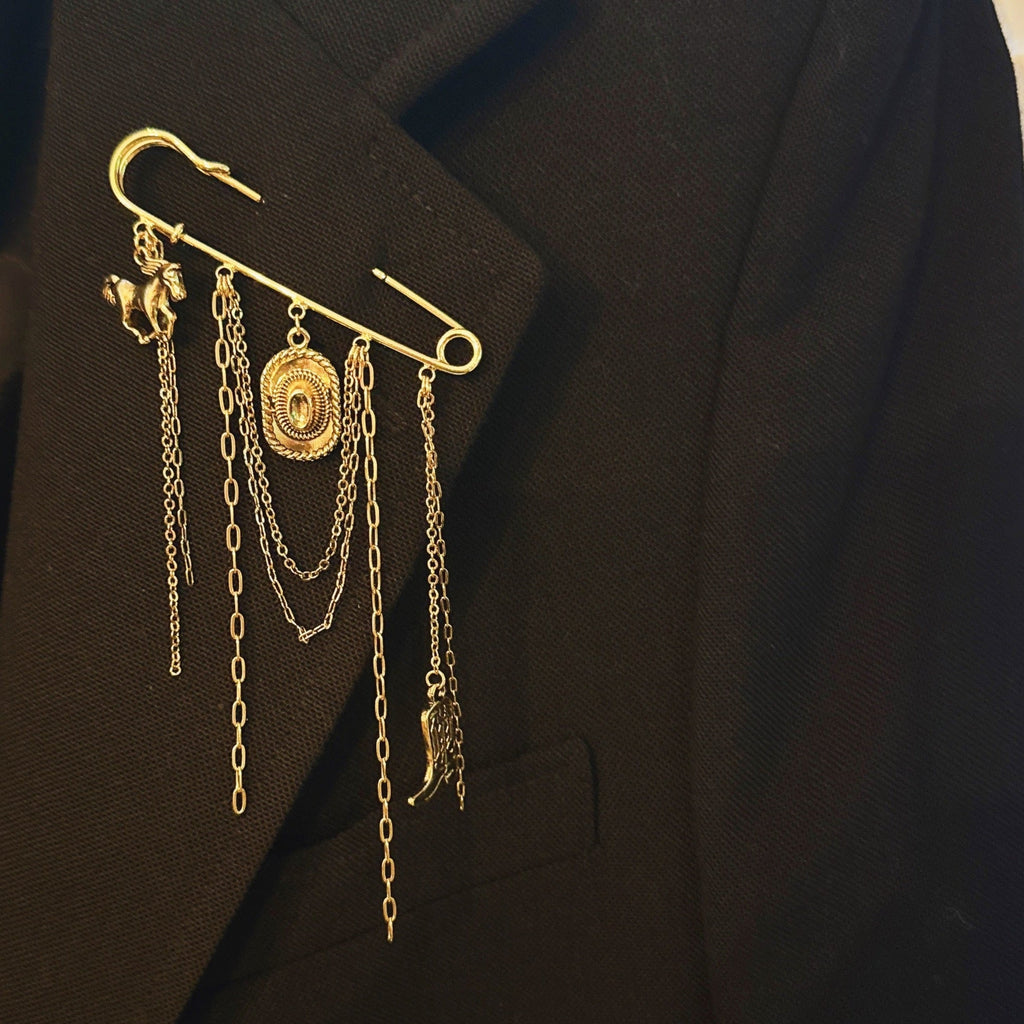 Western Charm Pin Brooch – Gold Safety Pin Style with Cowboy-Inspired Charms in - Fashion Accessories photo