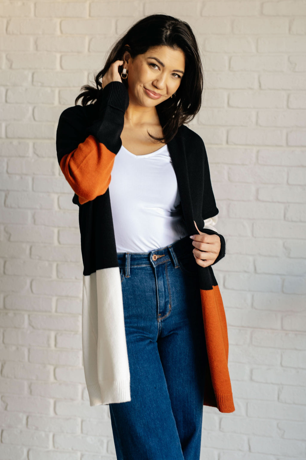 Writer's Block Color Block Open Front Cardigan in - Layers photo