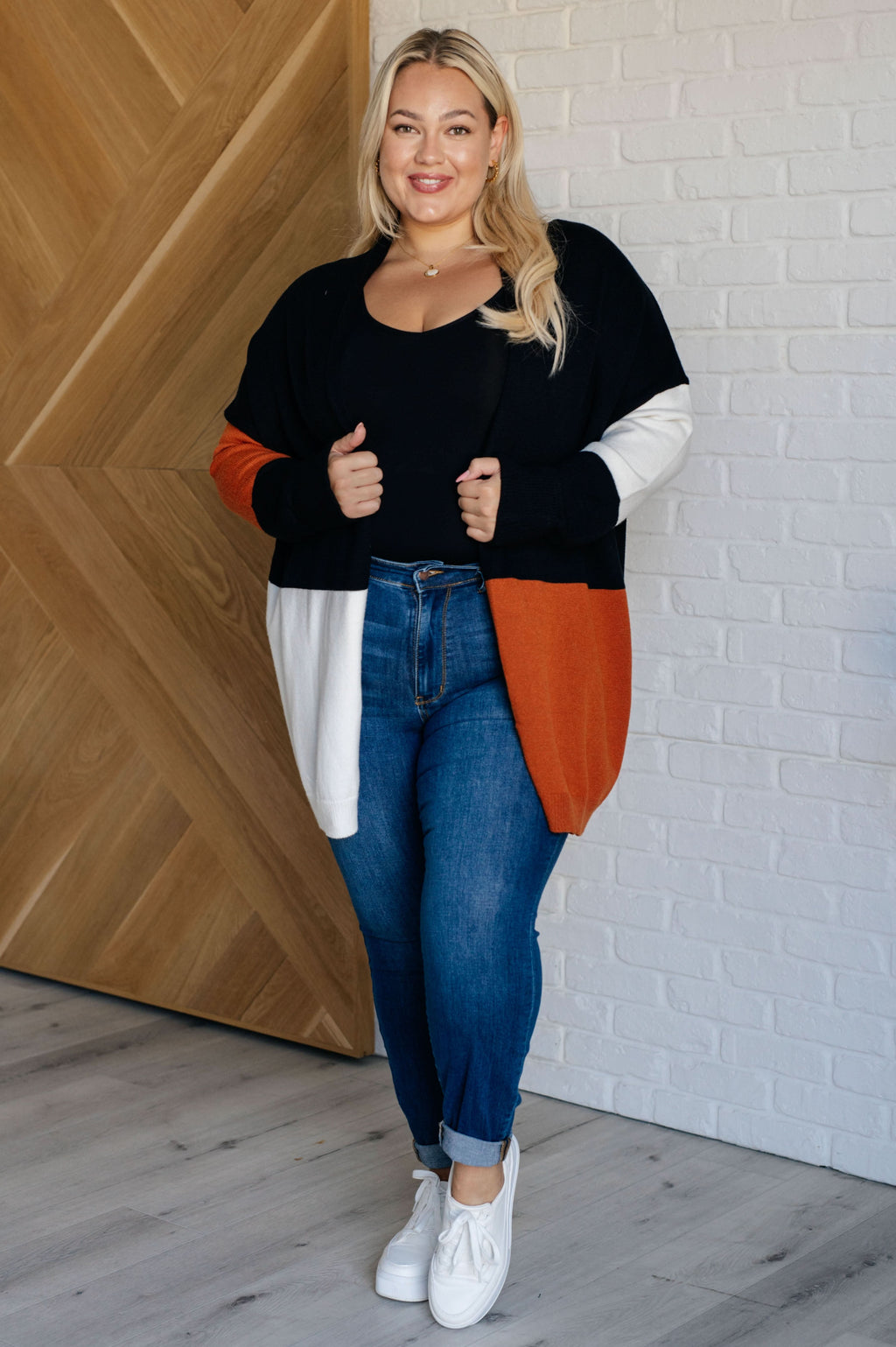 Writer's Block Color Block Open Front Cardigan in - Layers photo