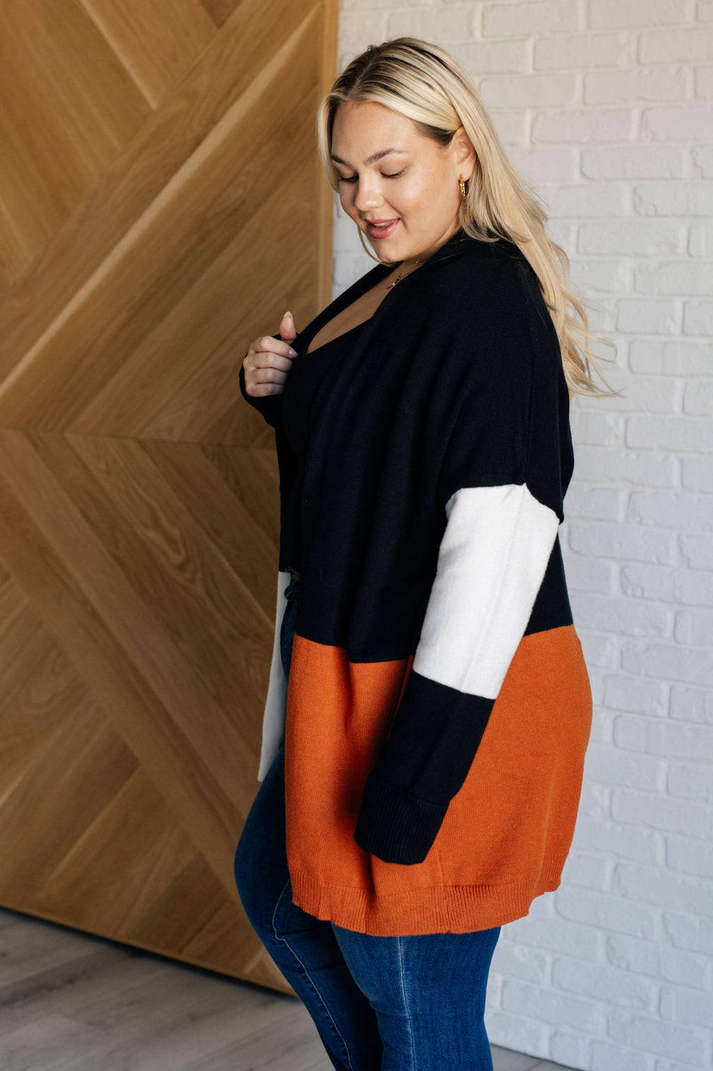 Writer's Block Color Block Open Front Cardigan in - Layers photo