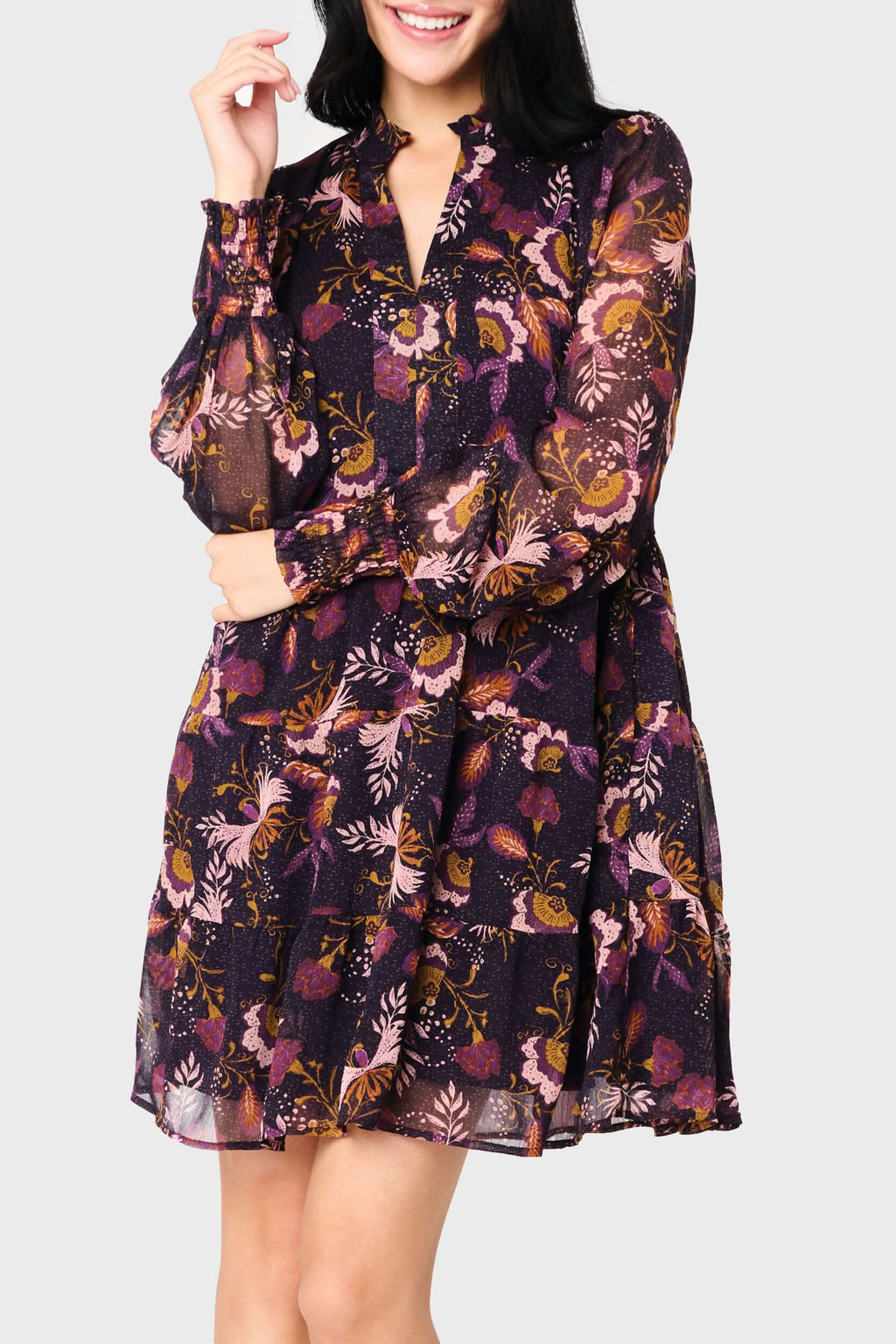 Gibsonlook Long Sleeve Chiffon Decked Out Day Dress in Botanical Eggplant - 50, DRESSES, 502, SALE photo