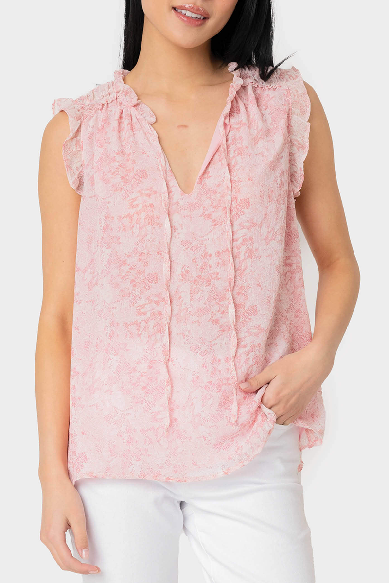 Ruffle Trimmed V-Neck Blouse in Off White Blush Print - 15, WOVEN TOPS, 152, SALE photo