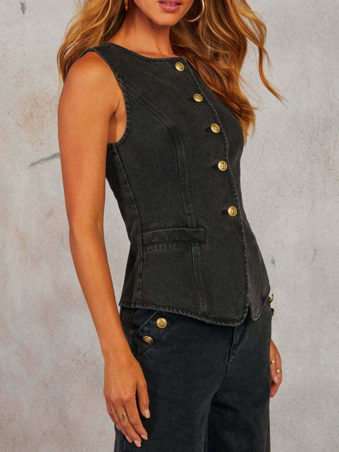 Button Down Vest and Wide Leg Jeans Denim Set - SwagglyLife Home & Fashion Button Down Vest and Wide Leg Jeans Denim Set - SwagglyLife Home & Fashion
