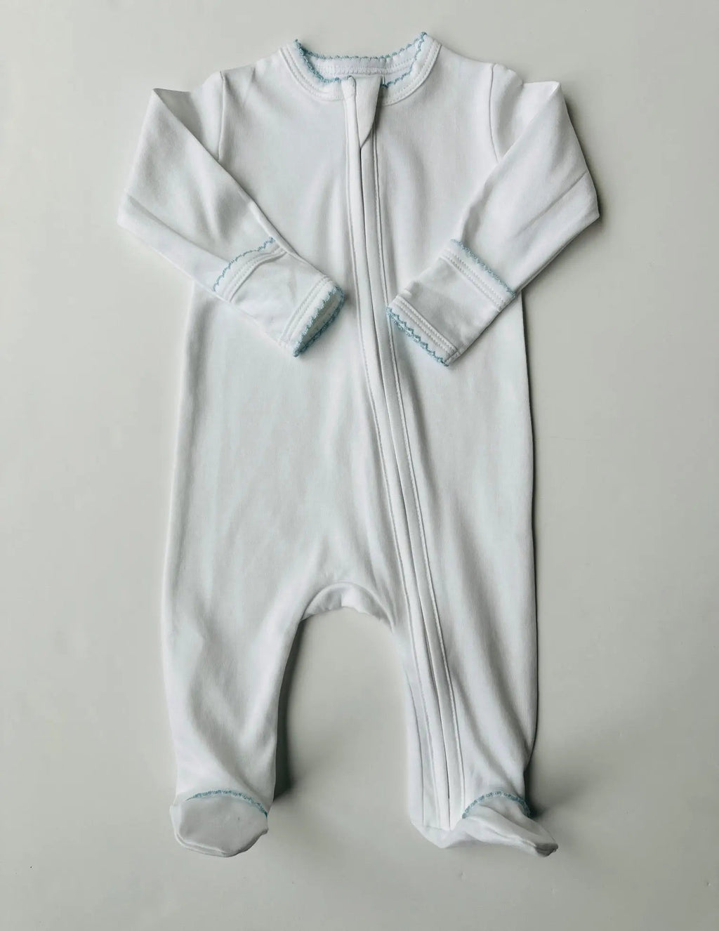 Stroller Society Pima Cotton Zipper Footies Infant Apparel in White with Baby Blue Picot Trim - Onesies photo