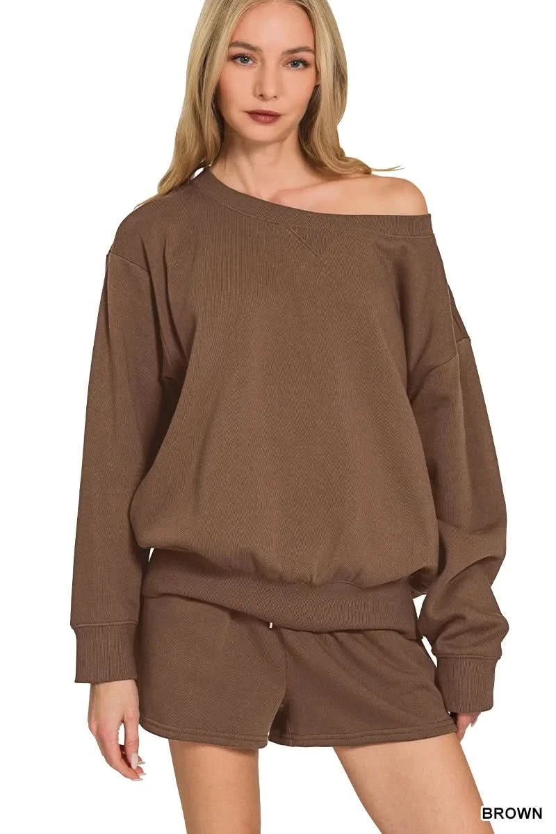 Zenana Fleece Boat Neck Sweatshirt and Shorts Set in BROWN - photo