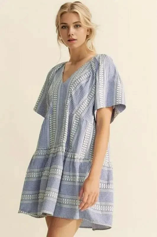 Davi & Dani Embroidered Stripe Ruffled Gingham Mini Dress in - photo