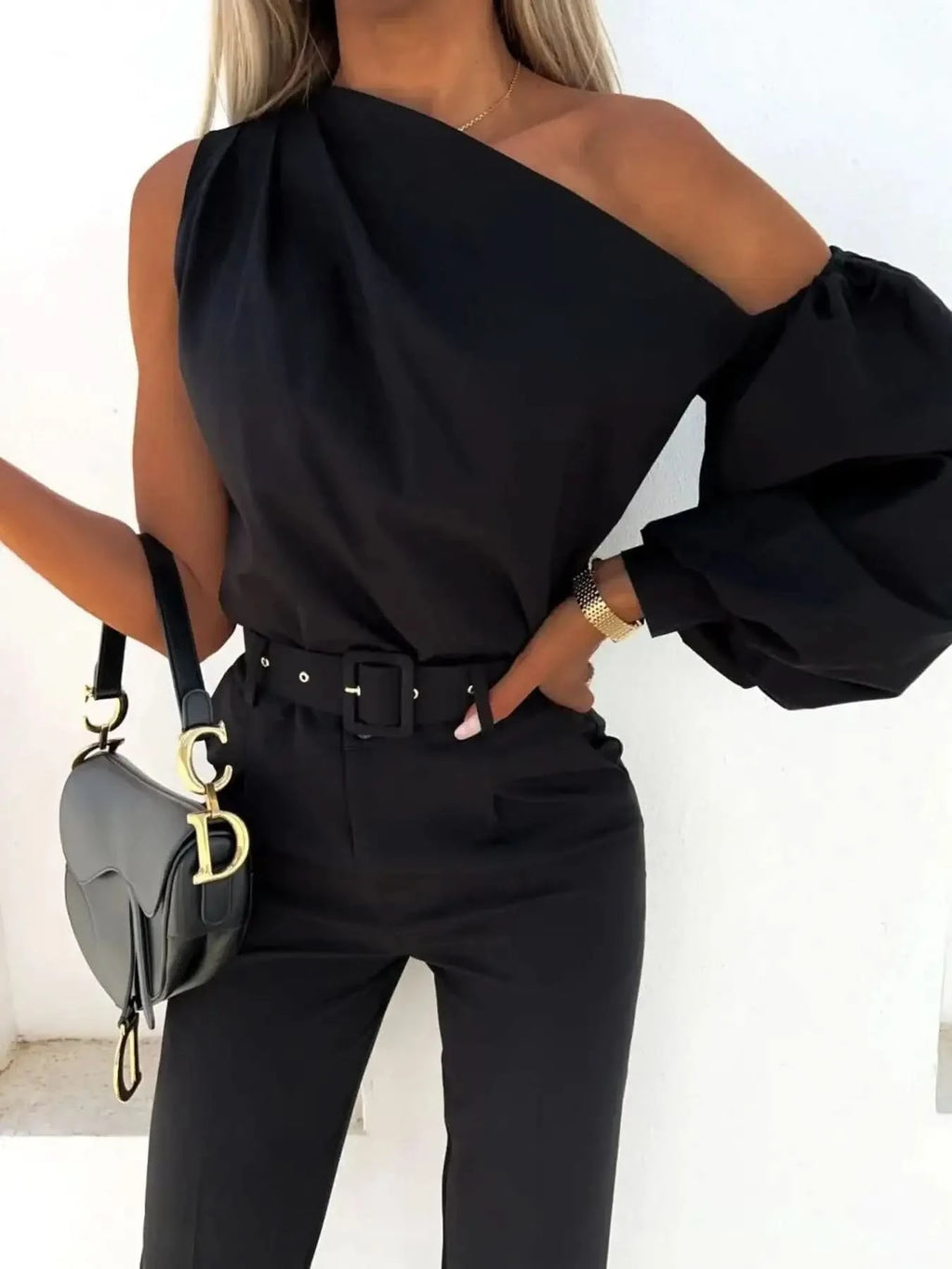 One Shoulder Puff Sleeve Blouse in - photo