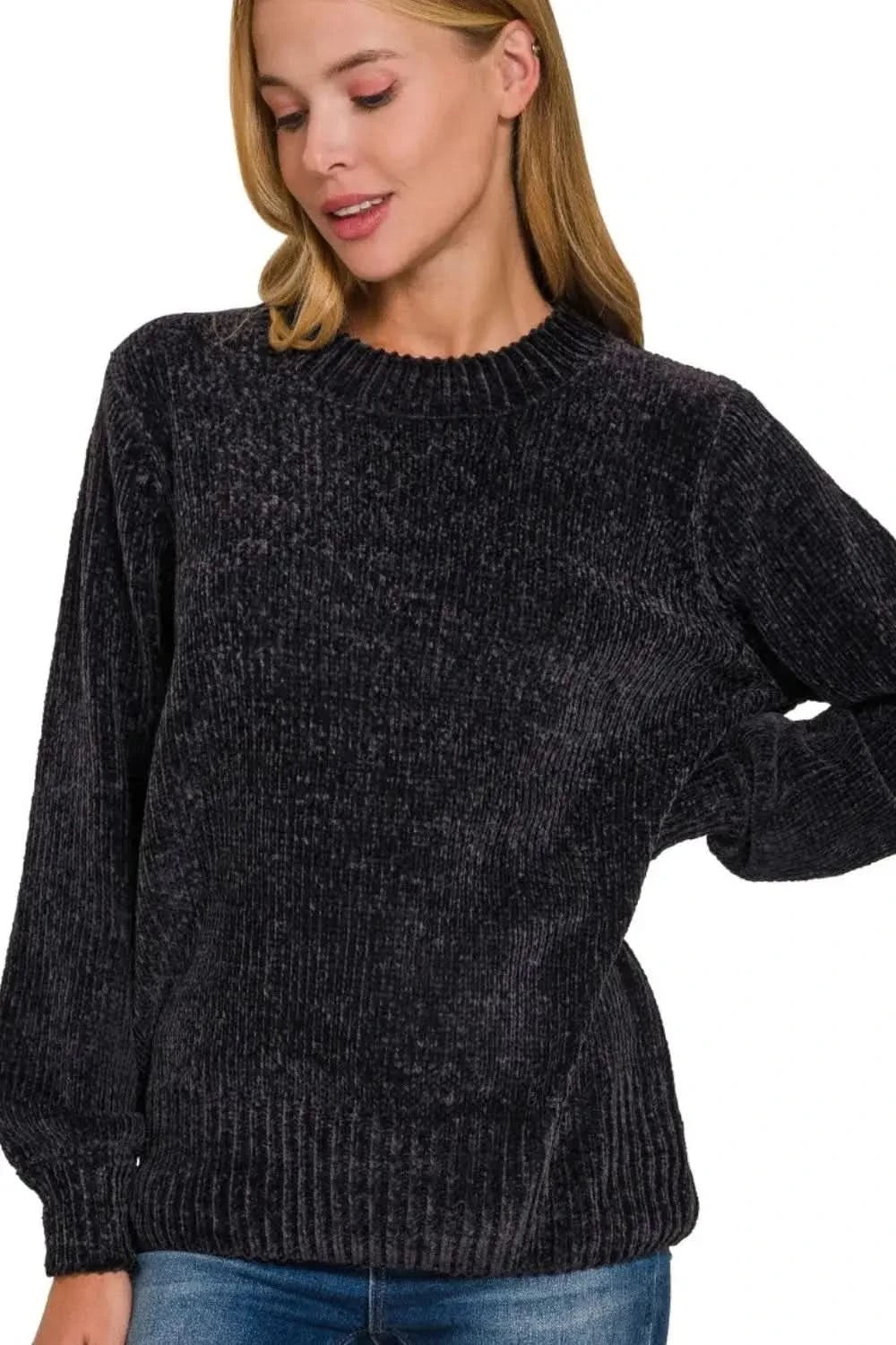 Zenana Round Neck Balloon Sleeve Chenille Sweater in BLACK - photo