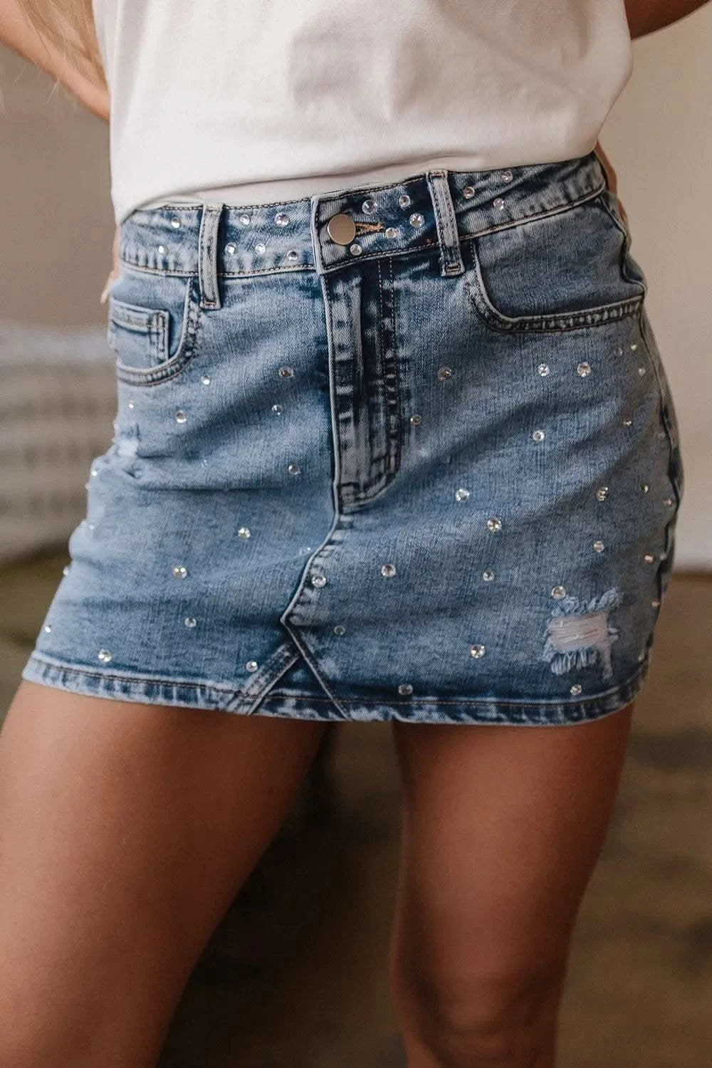 Rhinestone Distressed Denim Mini Skirt - SwagglyLife Home & Fashion