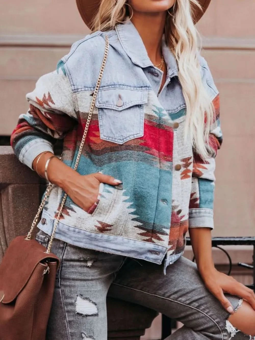 Geometric Button Up Long Sleeve Jacket in - photo