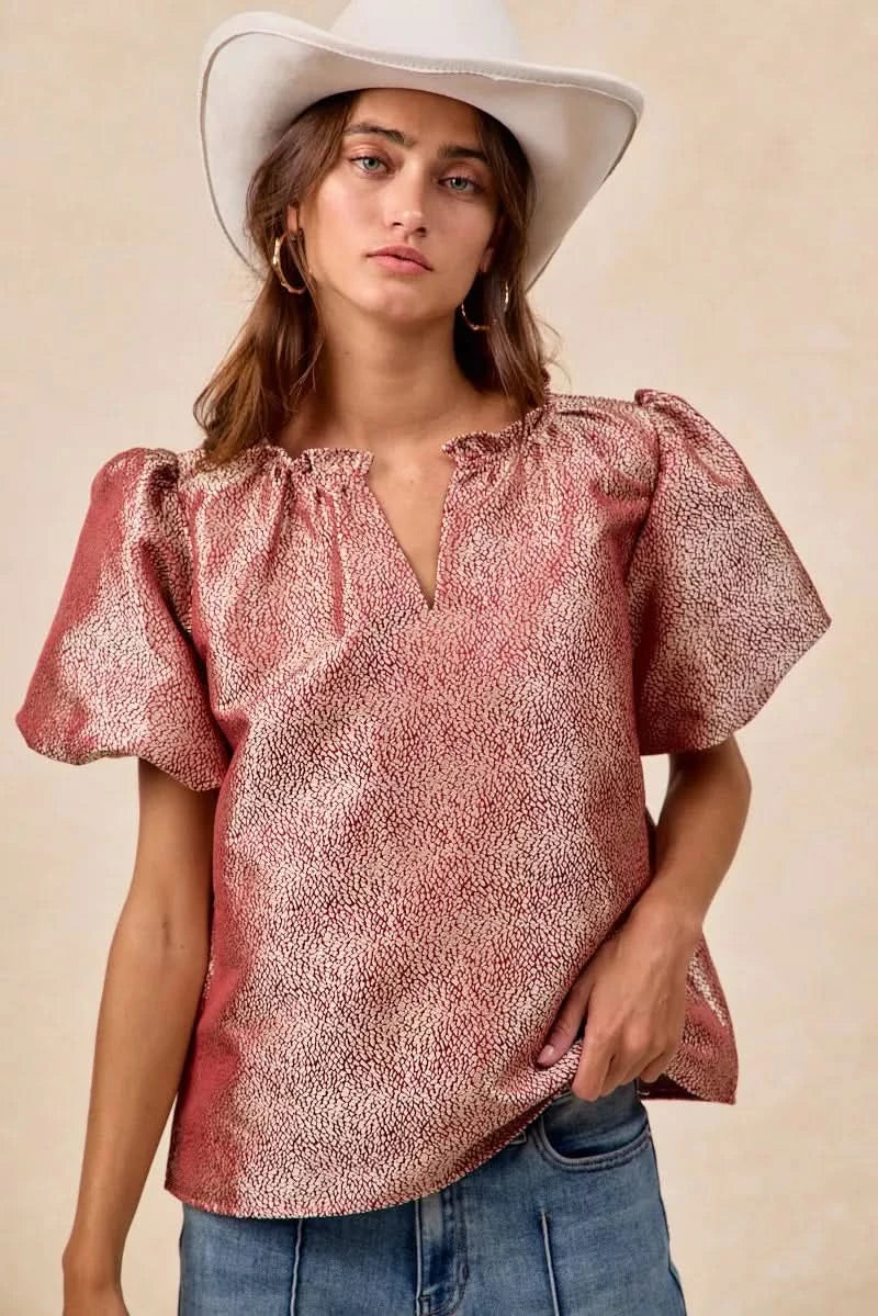 BiBi Jacquard Woven Short Balloon Sleeves V Neck Top in - photo