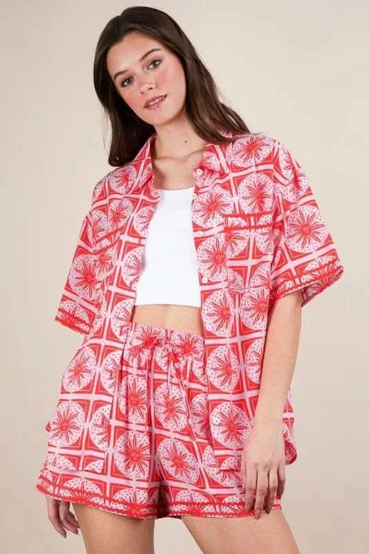 VERY J Full Size Tropical Printed Shirt Top and Shorts Set Plus Size in Tomato - photo