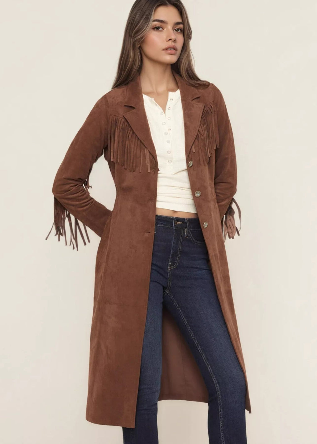 Fringe Lapel Collar Long Sleeve Coat in Brown - photo