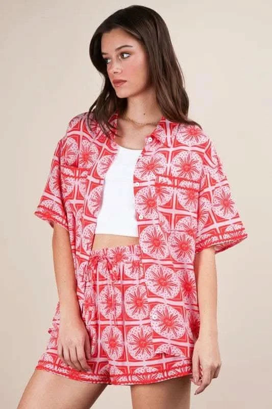 VERY J Full Size Tropical Printed Shirt Top and Shorts Set Plus Size in - photo