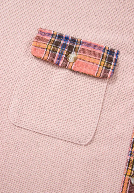 Waffle Knit Plaid Patchwork Drawstring Hooded Shacket in - photo