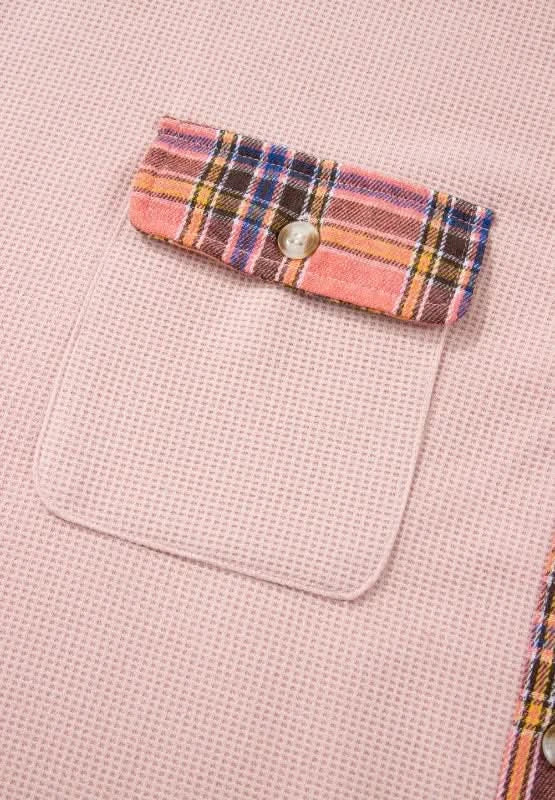 Waffle Knit Plaid Patchwork Drawstring Hooded Shacket in - photo