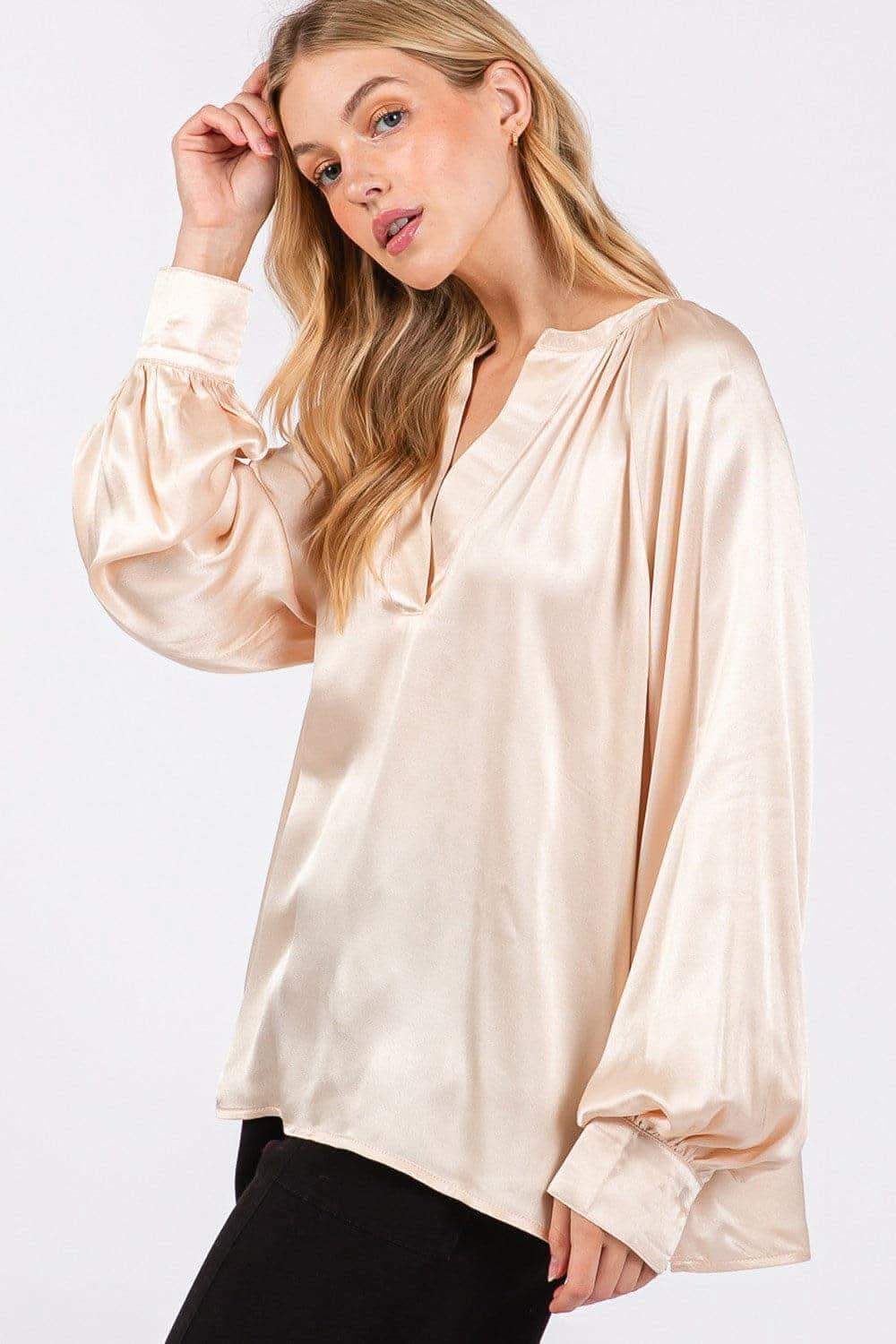 SAGE + FIG Notched Long Sleeve Blouse - SwagglyLife Home & Fashion
