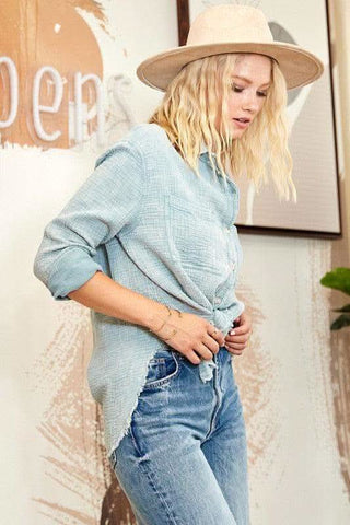 Washing Wrinkled Gauze Button Down Shirt With Rough Edge - SwagglyLife Home & Fashion Washing Wrinkled Gauze Button Down Shirt With Rough Edge - SwagglyLife Home & Fashion