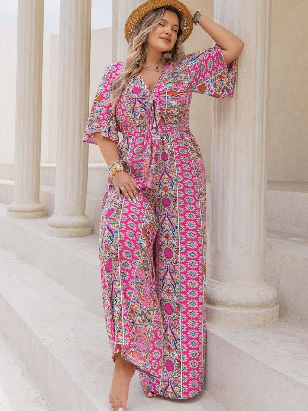 Plus Size Printed Half Sleeve Wide Leg Jumpsuit in Deep Rose - photo
