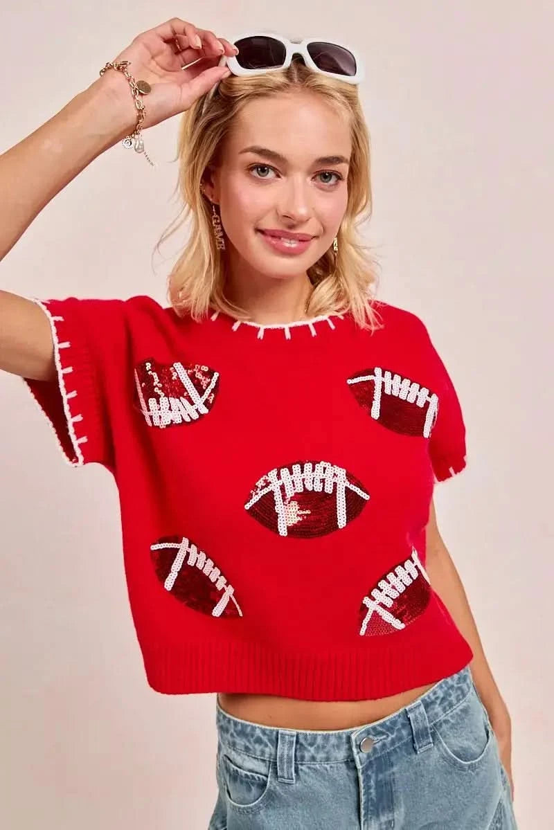 BiBi Gameday Sequin Football Embroidered Stitch Sweater in - photo