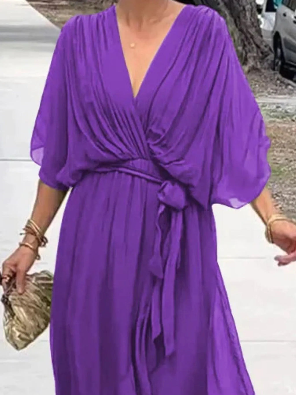 Flowy Tie Front Midi Dress with Flutter Sleeves in - photo