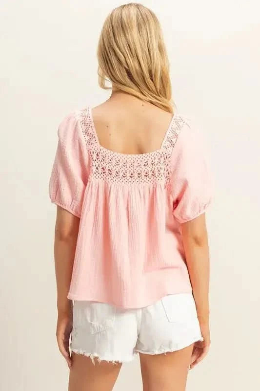 HYFVE Crochet Detail Puff Sleeve Peasant Top - SwagglyLife Home & Fashion