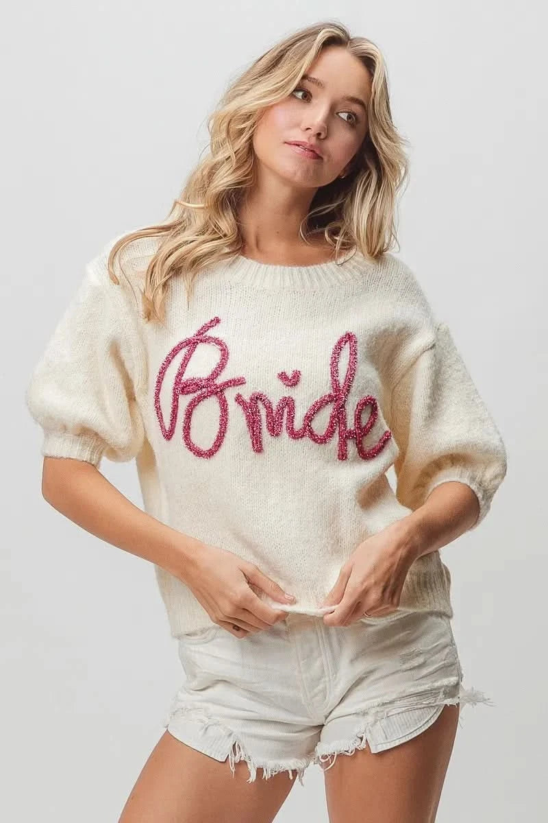BiBi Metallic Letter Short Puff Sleeve Hairy Sweater in IVORY - photo