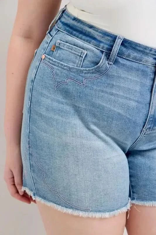 Judy Blue Full Size High Waist Western Embroidery Detail Cut Off Denim Shorts Plus Size in - photo