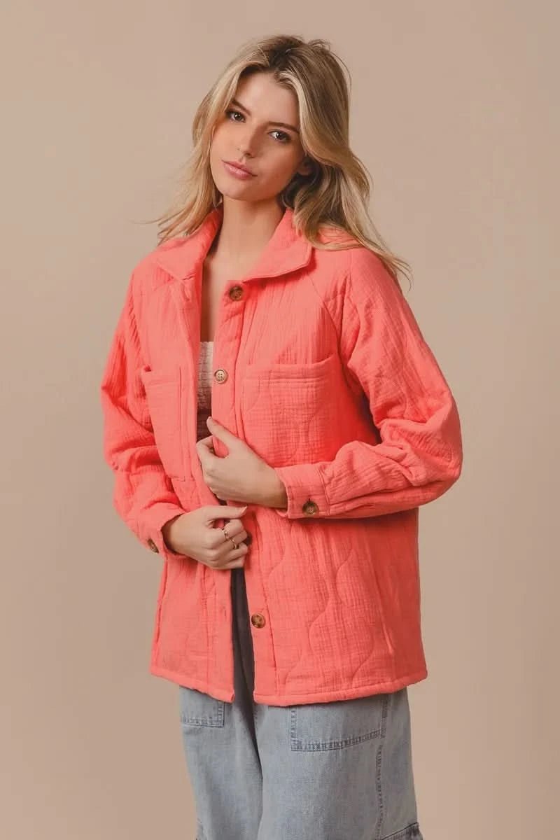 BiBi Quilted Wrinkle Gauze Long Sleeve Shacket in - photo
