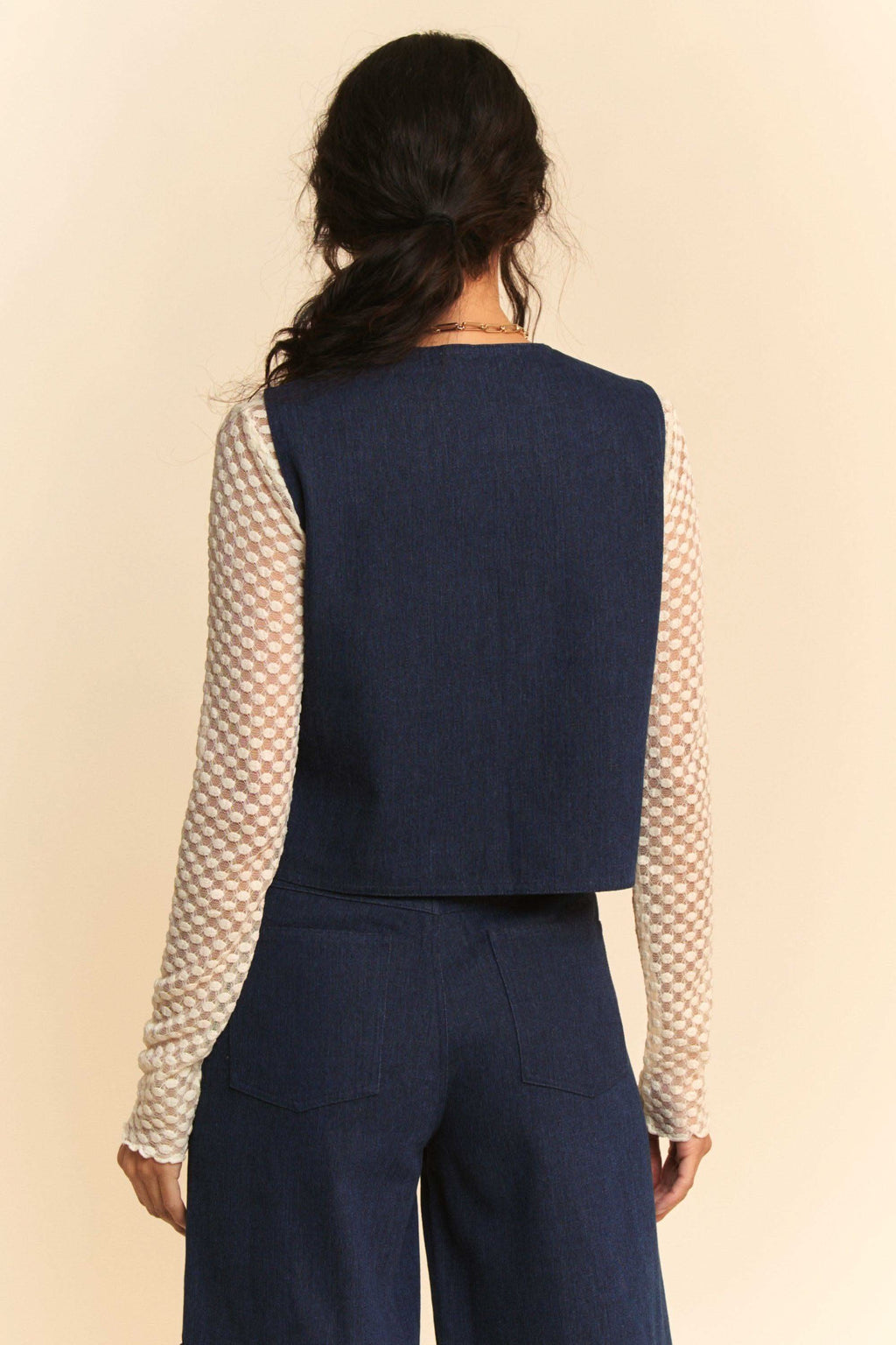 Davi & Dani Lace Patch Open Front Denim Vest in - photo